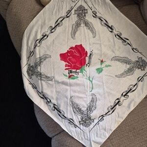 Vintage Harley-Davidson White Bandana with Red Rose and Black Eagle Design